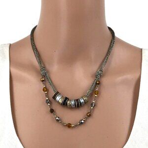 Cookie Lee Necklace Mixed Chain Beads Silver Gold Brown Tones Adjustable Length